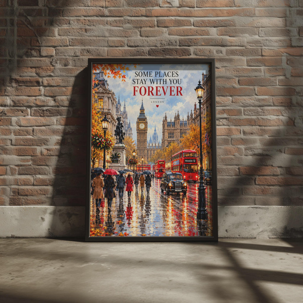 London Street Scene Print, Big Ben, Red Bus, Autumn Rain (Poster)
