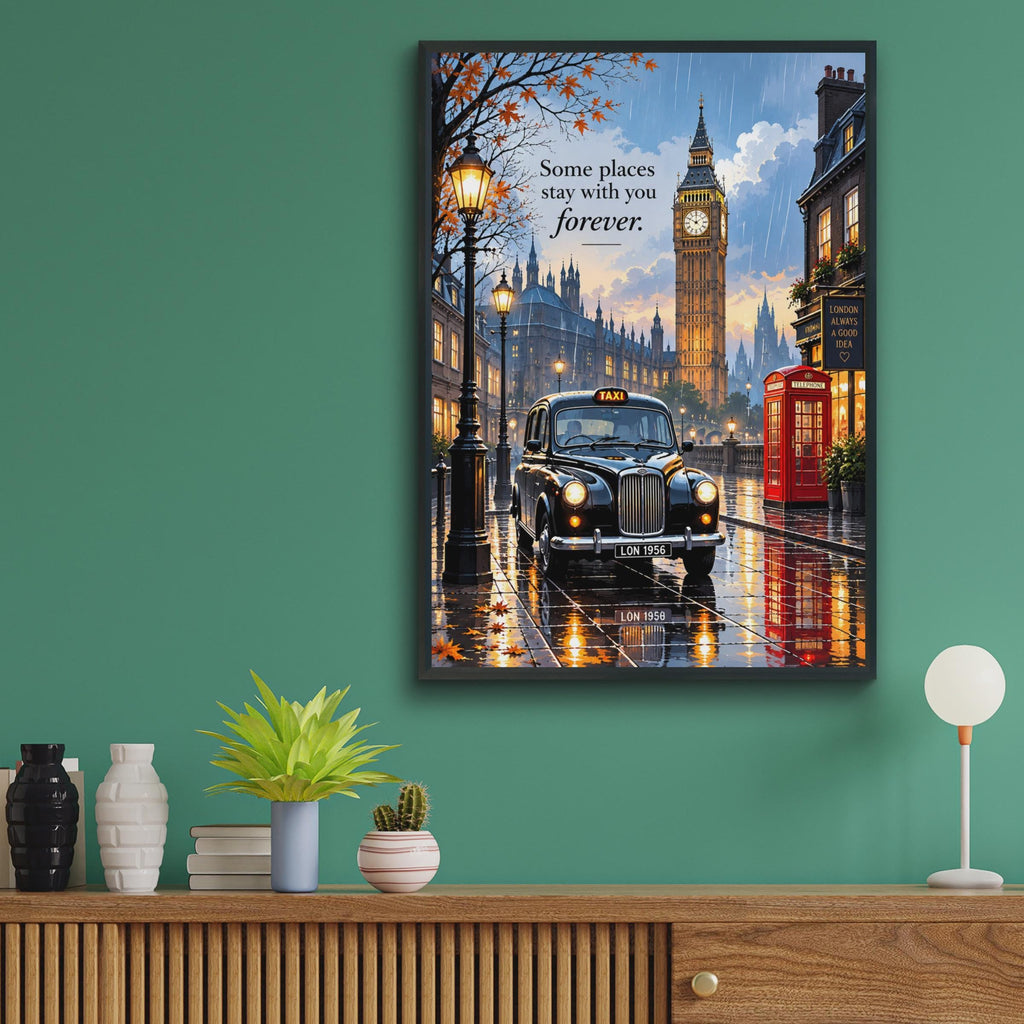 London Street Scene Poster, Black Taxi, Big Ben, Red Phone Box (A4)