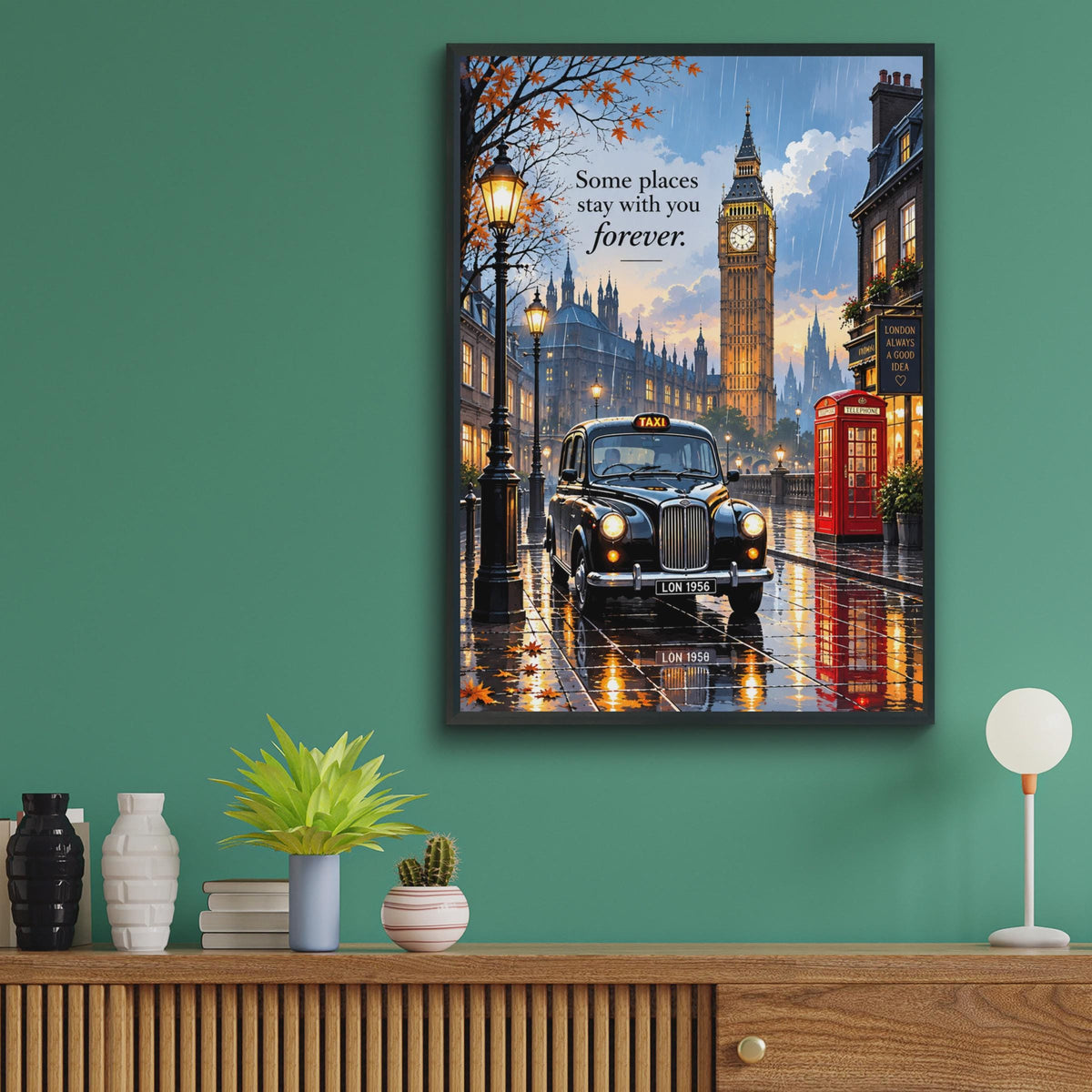 London Street Scene Poster, Black Taxi, Big Ben, Red Phone Box (A4)