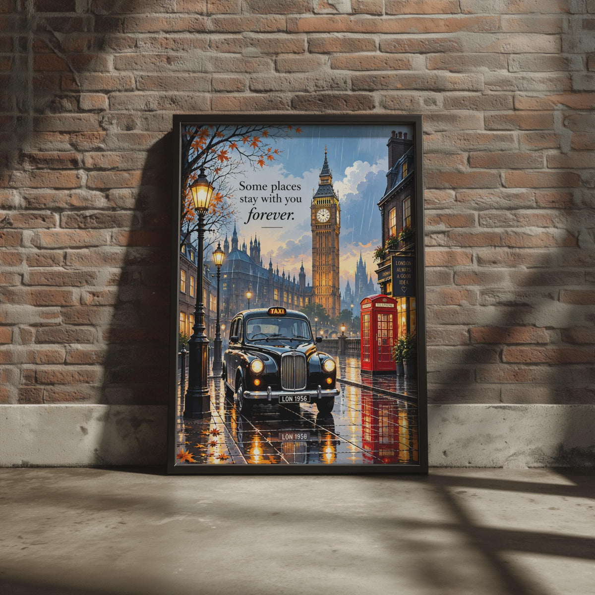 London Street Scene Poster, Black Taxi, Big Ben, Red Phone Box (A4)