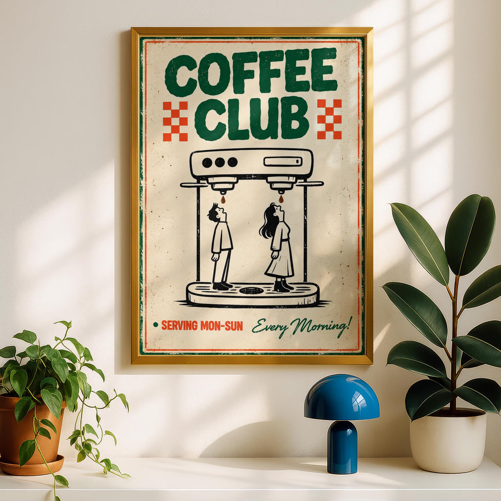 Retro Coffee Club Espresso Machine Poster, Vintage Cafe Wall Art (Print)