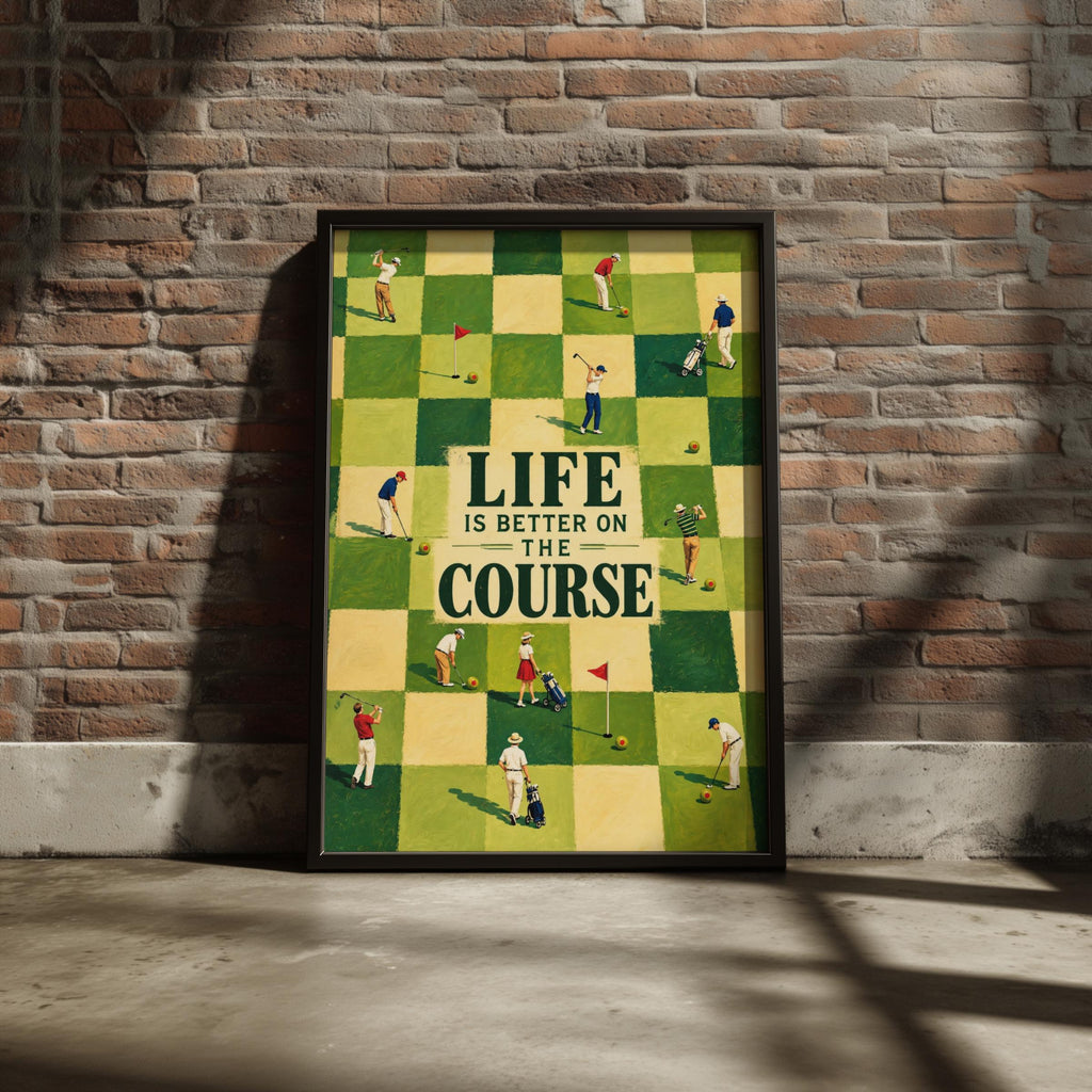 Retro Golf Poster, Life Is Better On The Course, Green Checkered Fairway Art (Print)