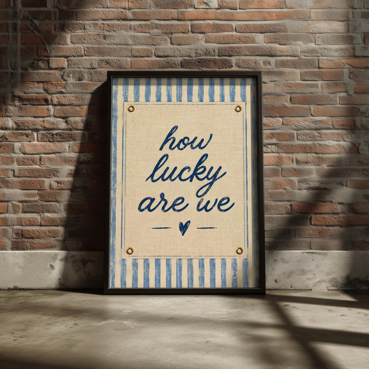 How Lucky Are We Print, Navy Blue Linen Texture, Coastal Home Decor (Framed)