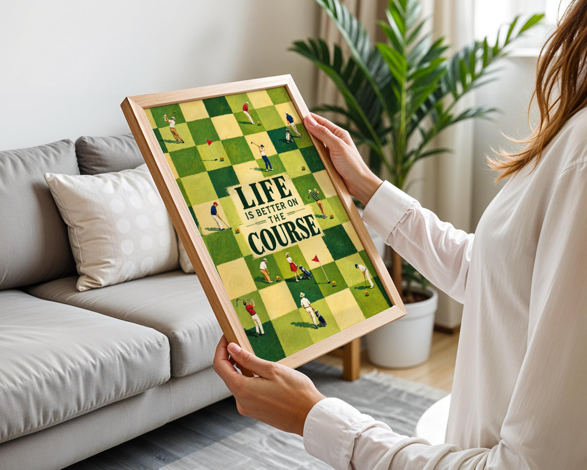Retro Golf Poster, Life Is Better On The Course, Green Checkered Fairway Art (Print)