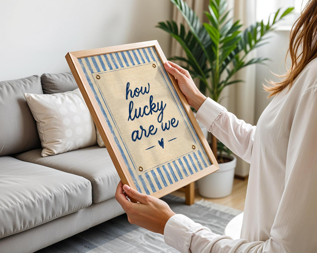 How Lucky Are We Print, Navy Blue Linen Texture, Coastal Home Decor (Framed)