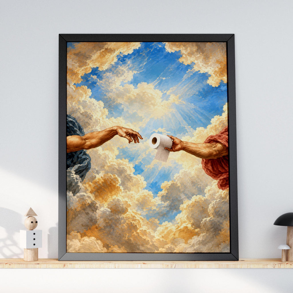 Renaissance Toilet Roll Art Print, Michelangelo Parody, Humorous Bathroom Wall Decor
