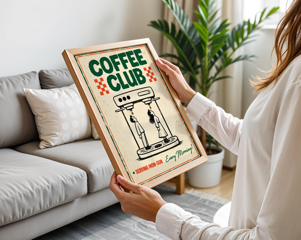Retro Coffee Club Espresso Machine Poster, Vintage Cafe Wall Art (Print)