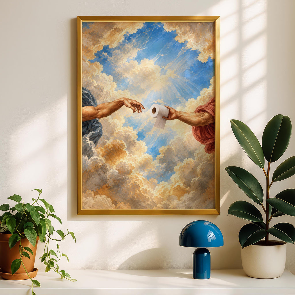 Renaissance Toilet Roll Art Print, Michelangelo Parody, Humorous Bathroom Wall Decor