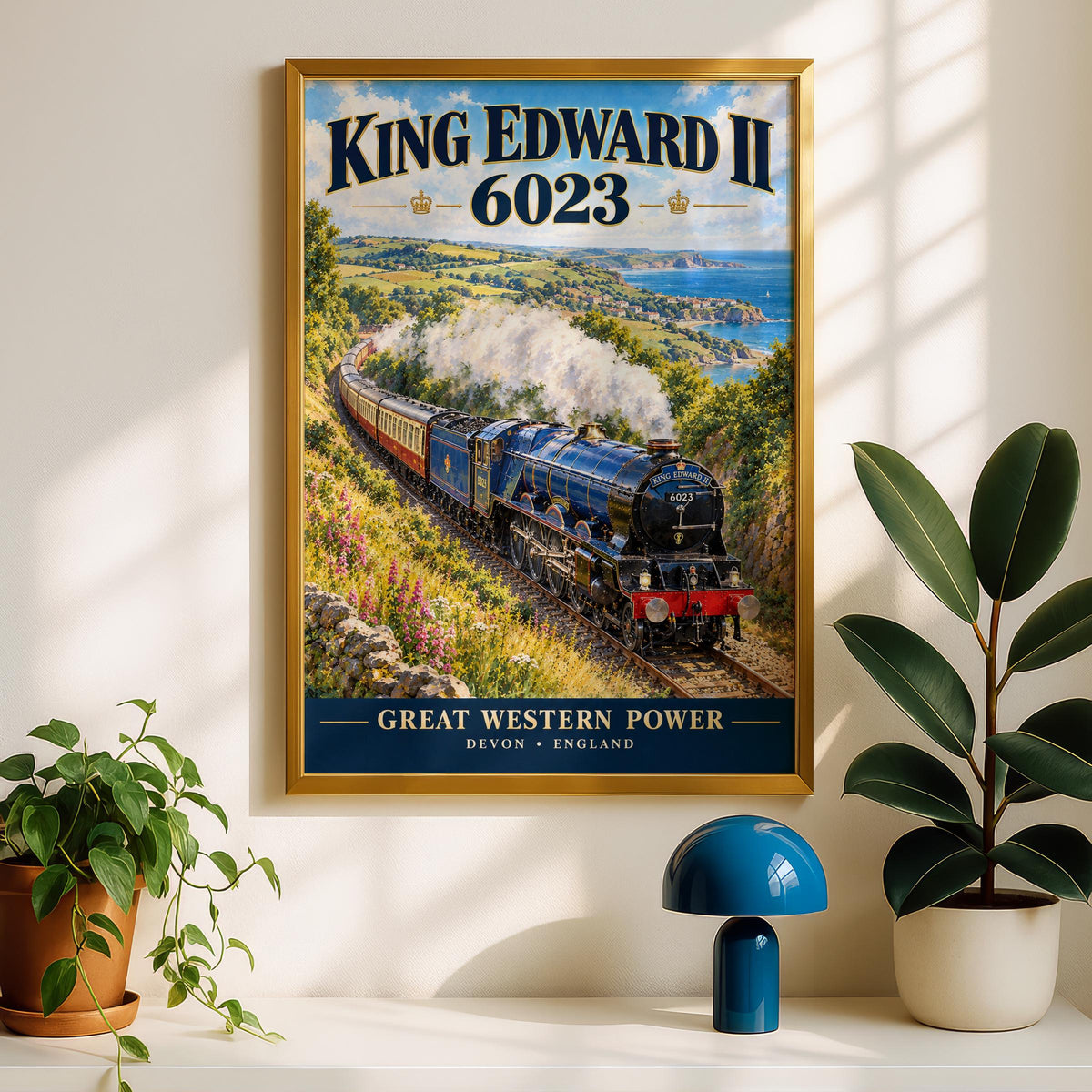King Edward II 6023 Steam Train Poster, GWR Locomotive, Devon Coastal Scene (Print)