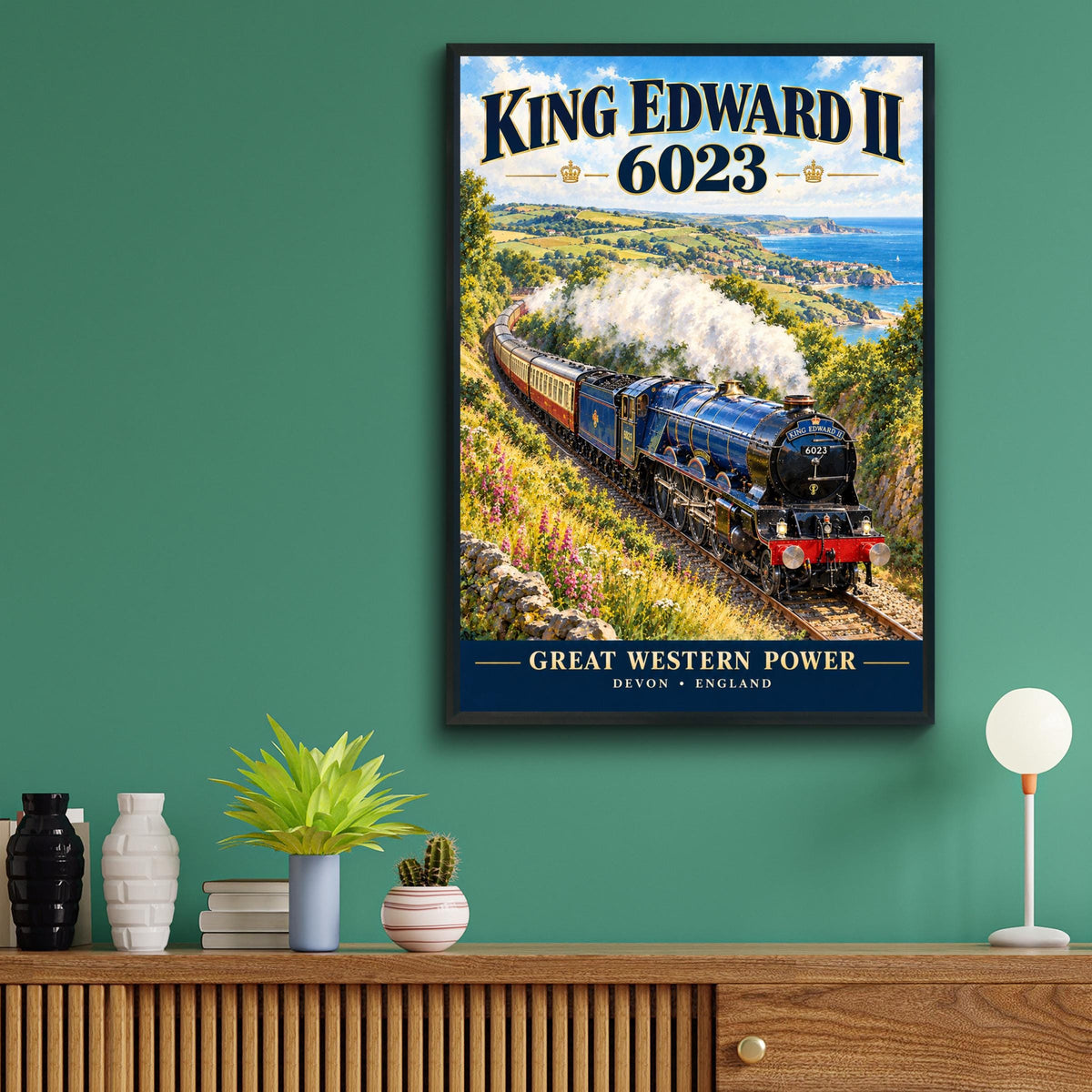 King Edward II 6023 Steam Train Poster, GWR Locomotive, Devon Coastal Scene (Print)