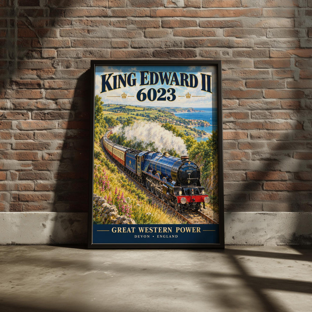 King Edward II 6023 Steam Train Poster, GWR Locomotive, Devon Coastal Scene (Print)