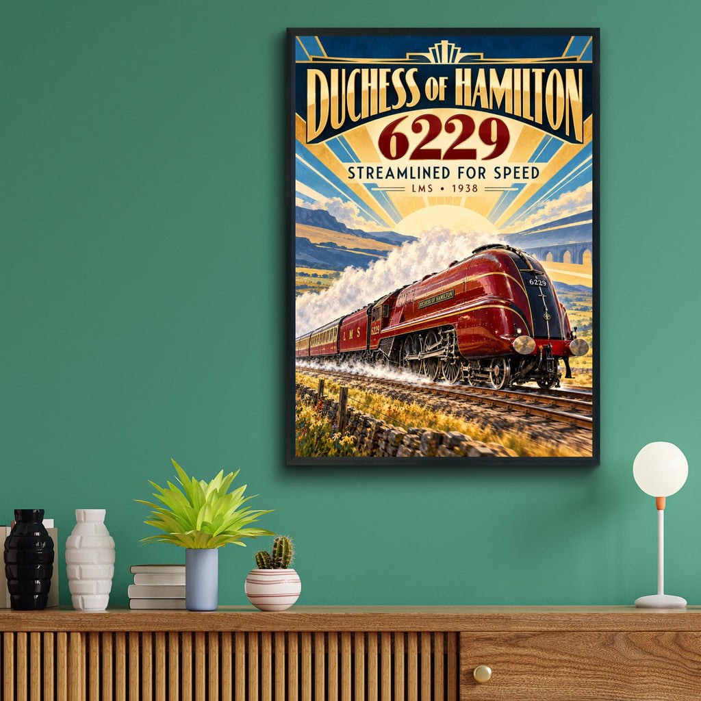 Duchess of Hamilton 6229 LMS Steam Train Poster, Art Deco Railway Print (1938)