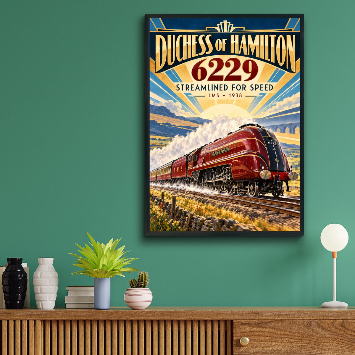 Duchess of Hamilton 6229 LMS Steam Train Poster, Art Deco Railway Print (1938)