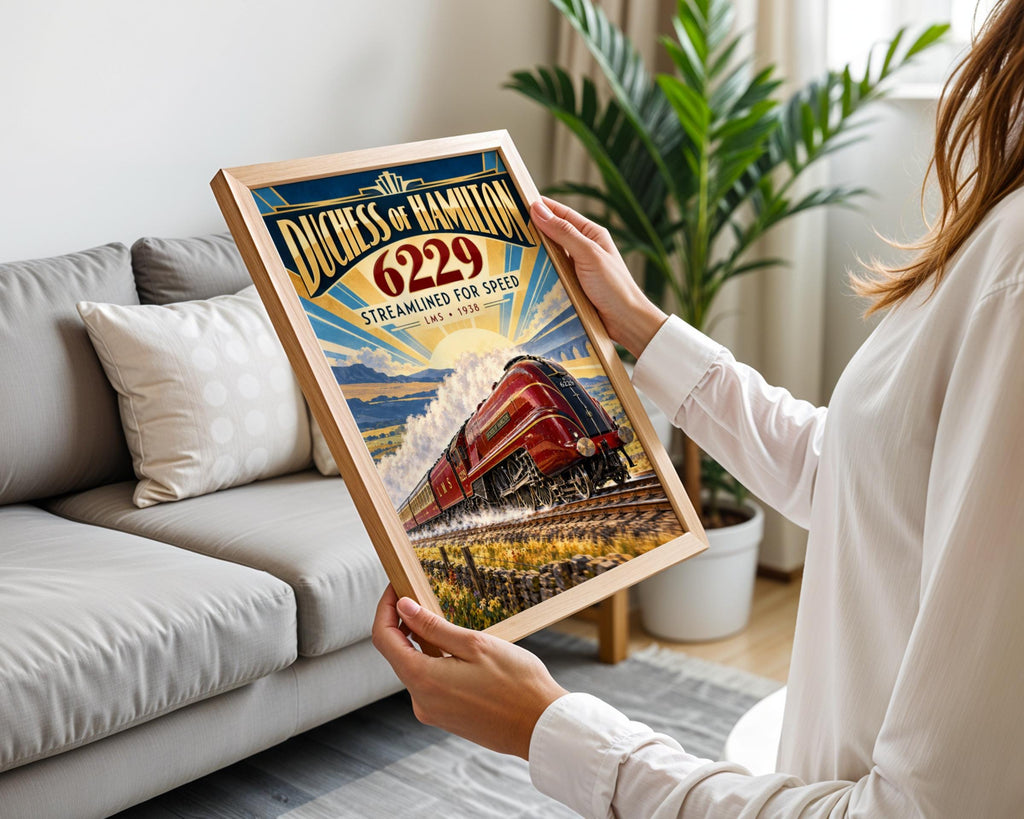 Duchess of Hamilton 6229 LMS Steam Train Poster, Art Deco Railway Print (1938)