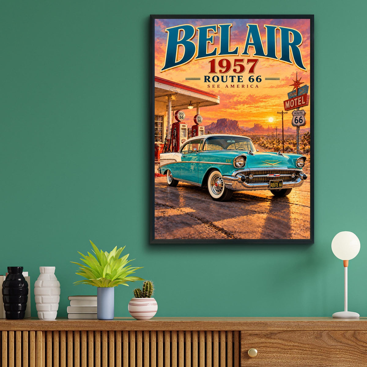 1957 Chevy Bel Air Route 66 Poster, Retro Gas Station, Desert Sunset (Physical Print)