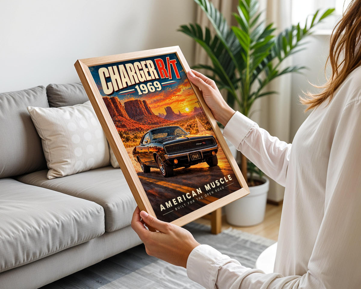 1969 Dodge Charger R/T Poster, American Muscle Car Art, Desert Sunset (Print)