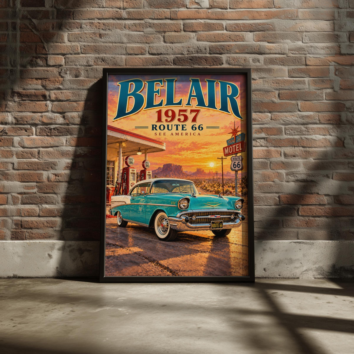 1957 Chevy Bel Air Route 66 Poster, Retro Gas Station, Desert Sunset (Physical Print)