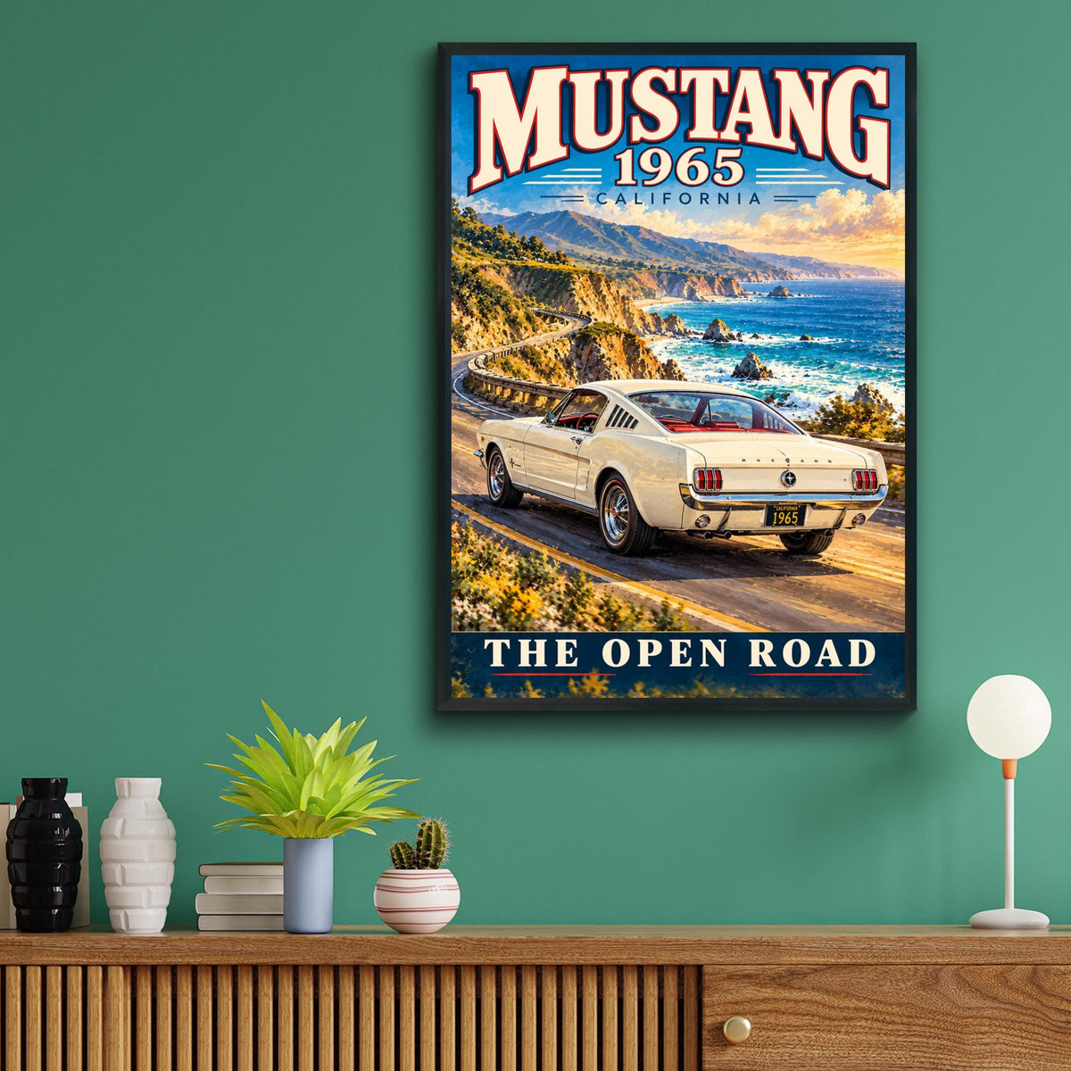 1965 Ford Mustang Fastback Poster, California Coastal Road Art (Printed Poster)