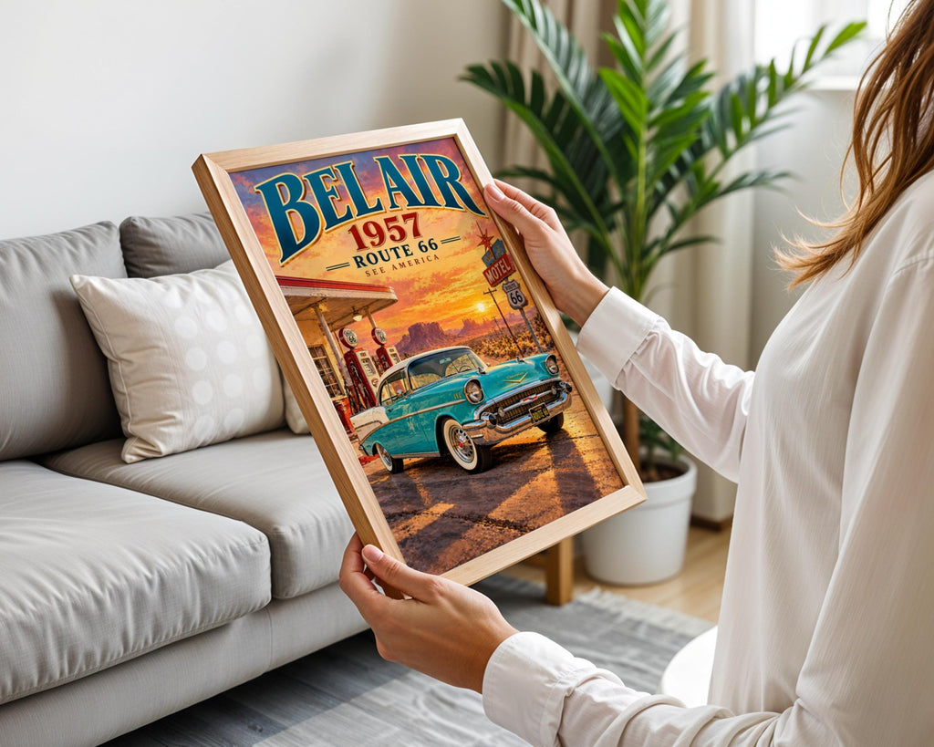 1957 Chevy Bel Air Route 66 Poster, Retro Gas Station, Desert Sunset (Physical Print)