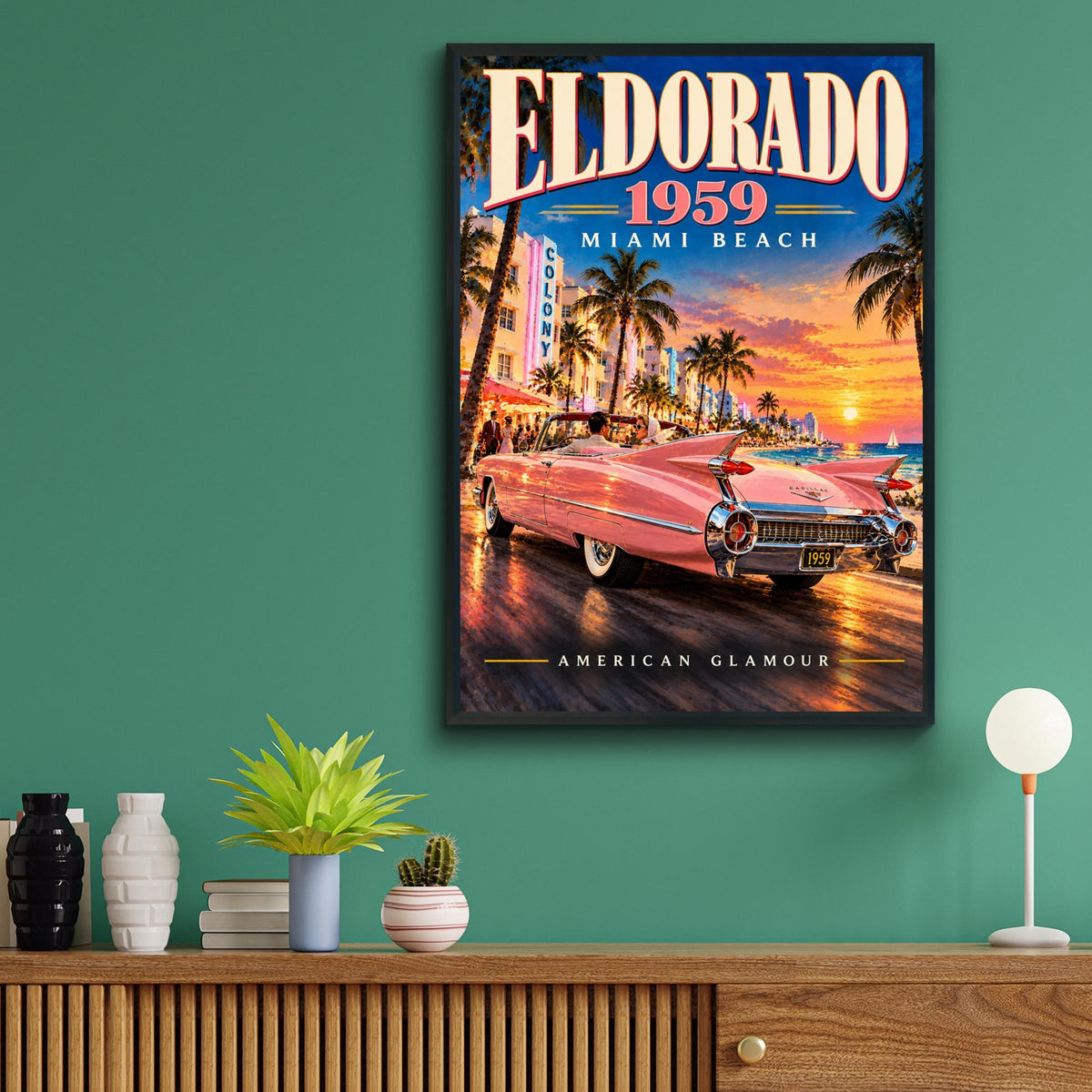 1959 Pink Cadillac Eldorado Miami Beach Poster, Retro American Glamour Art (Print)