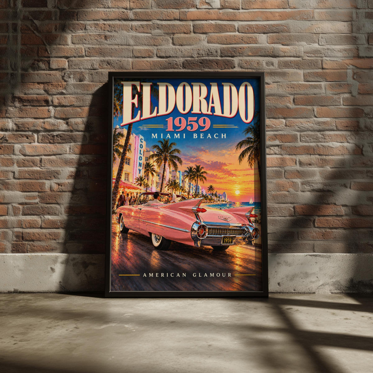 1959 Pink Cadillac Eldorado Miami Beach Poster, Retro American Glamour Art (Print)