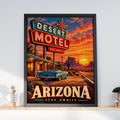 Arizona Desert Motel Travel Poster, Route 66 Retro Neon Sign Print, Southwest Sunset Decor