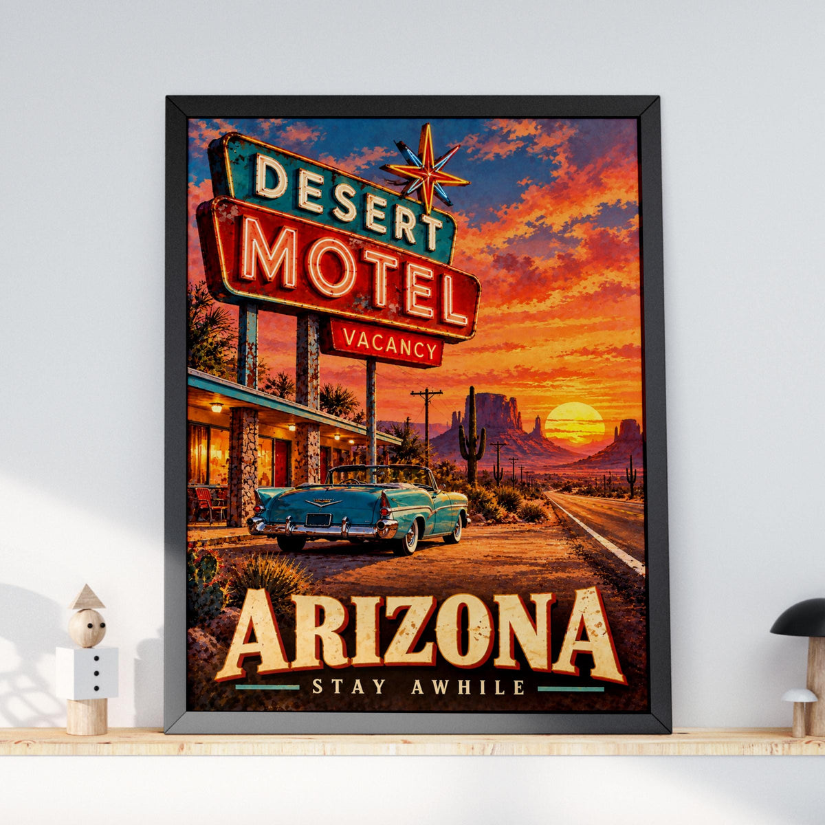 Arizona Desert Motel Travel Poster, Route 66 Retro Neon Sign Print, Southwest Sunset Decor