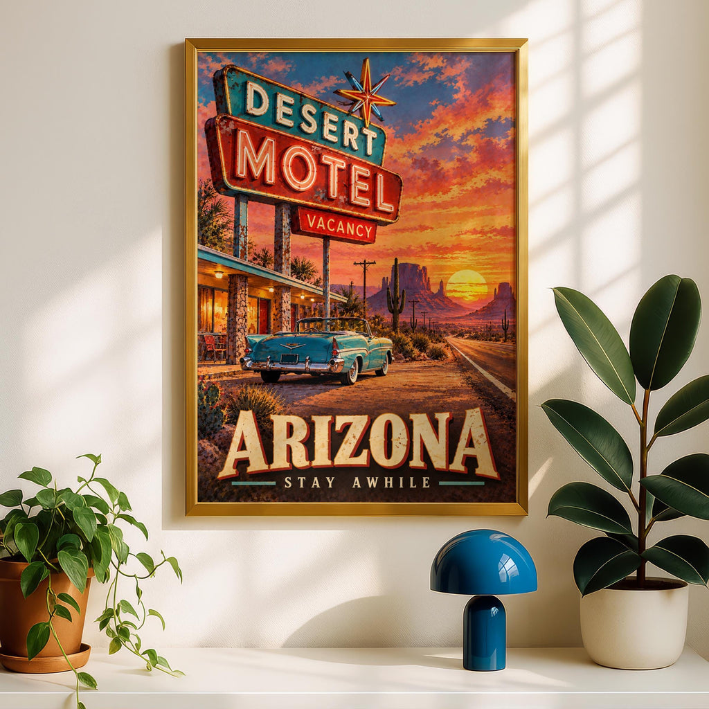 Arizona Desert Motel Travel Poster, Route 66 Retro Neon Sign Print, Southwest Sunset Decor