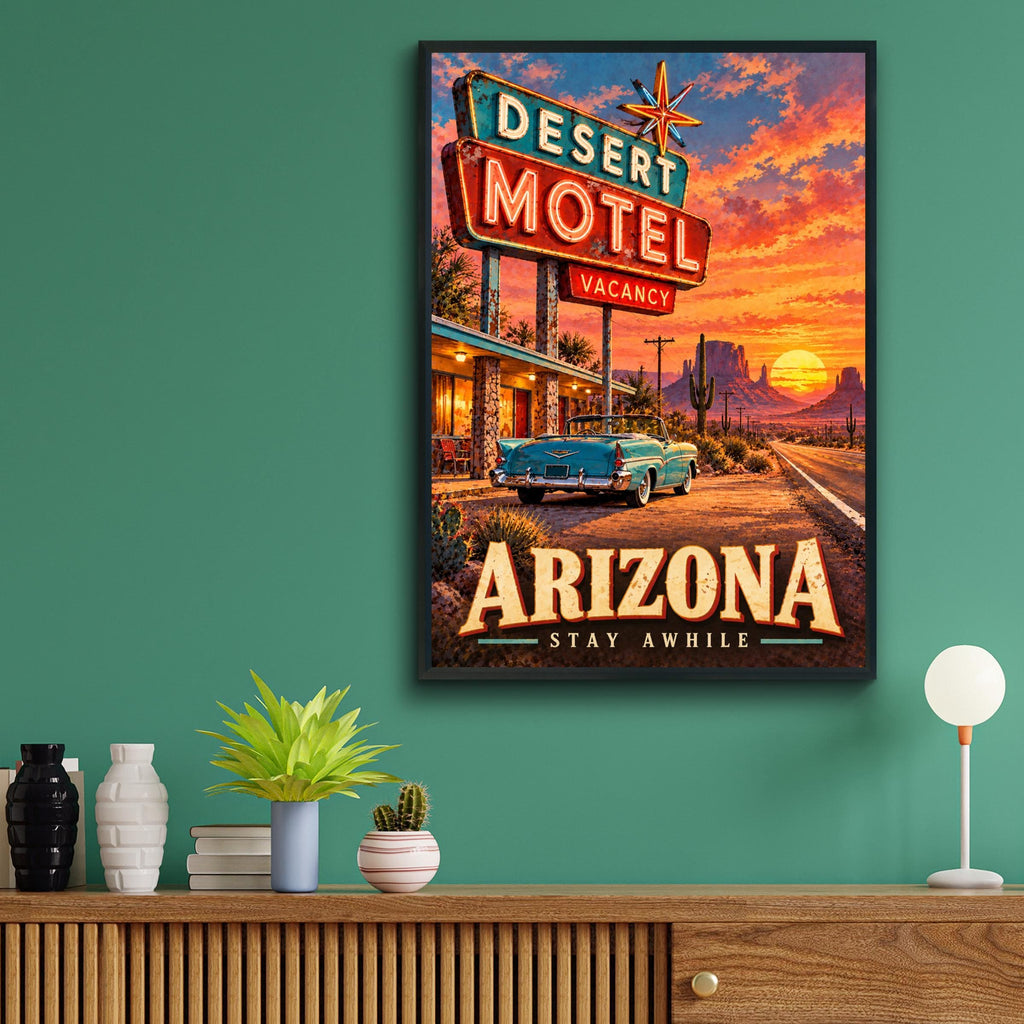 Arizona Desert Motel Travel Poster, Route 66 Retro Neon Sign Print, Southwest Sunset Decor