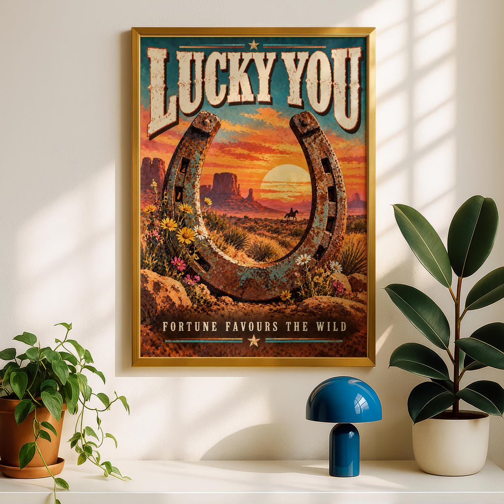 Lucky You Western Poster, Fortune Favours The Wild, Cowboy Horseshoe Wall Art (Printed Poster)