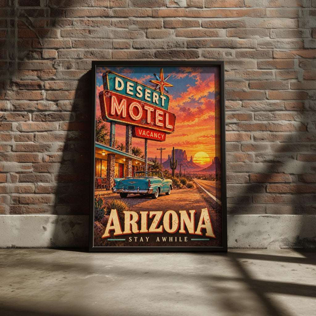 Arizona Desert Motel Travel Poster, Route 66 Retro Neon Sign Print, Southwest Sunset Decor