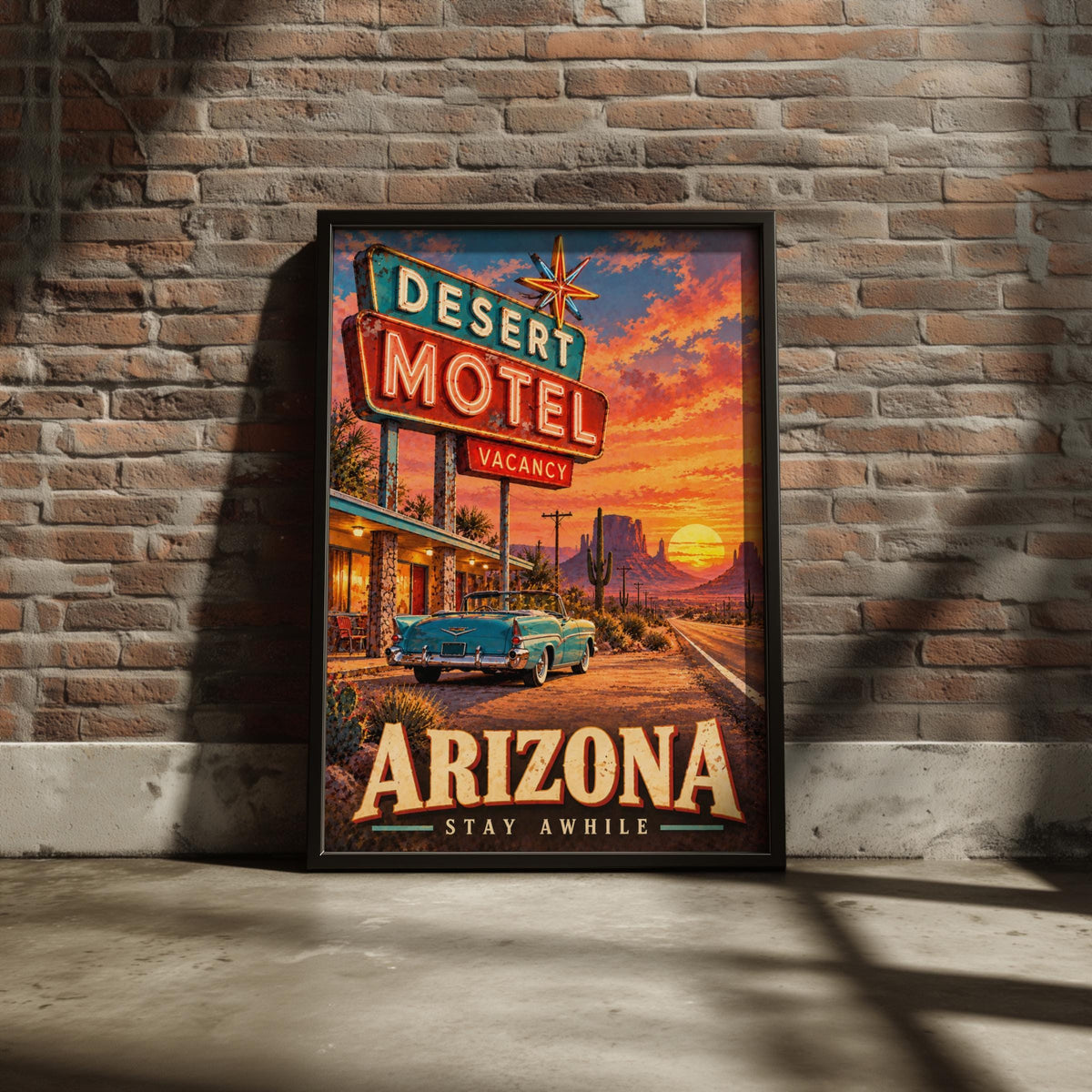 Arizona Desert Motel Travel Poster, Route 66 Retro Neon Sign Print, Southwest Sunset Decor