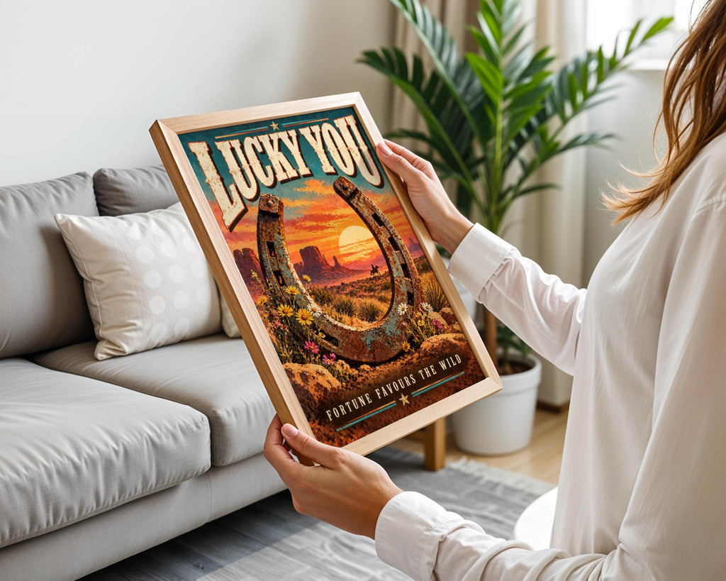 Lucky You Western Poster, Fortune Favours The Wild, Cowboy Horseshoe Wall Art (Printed Poster)