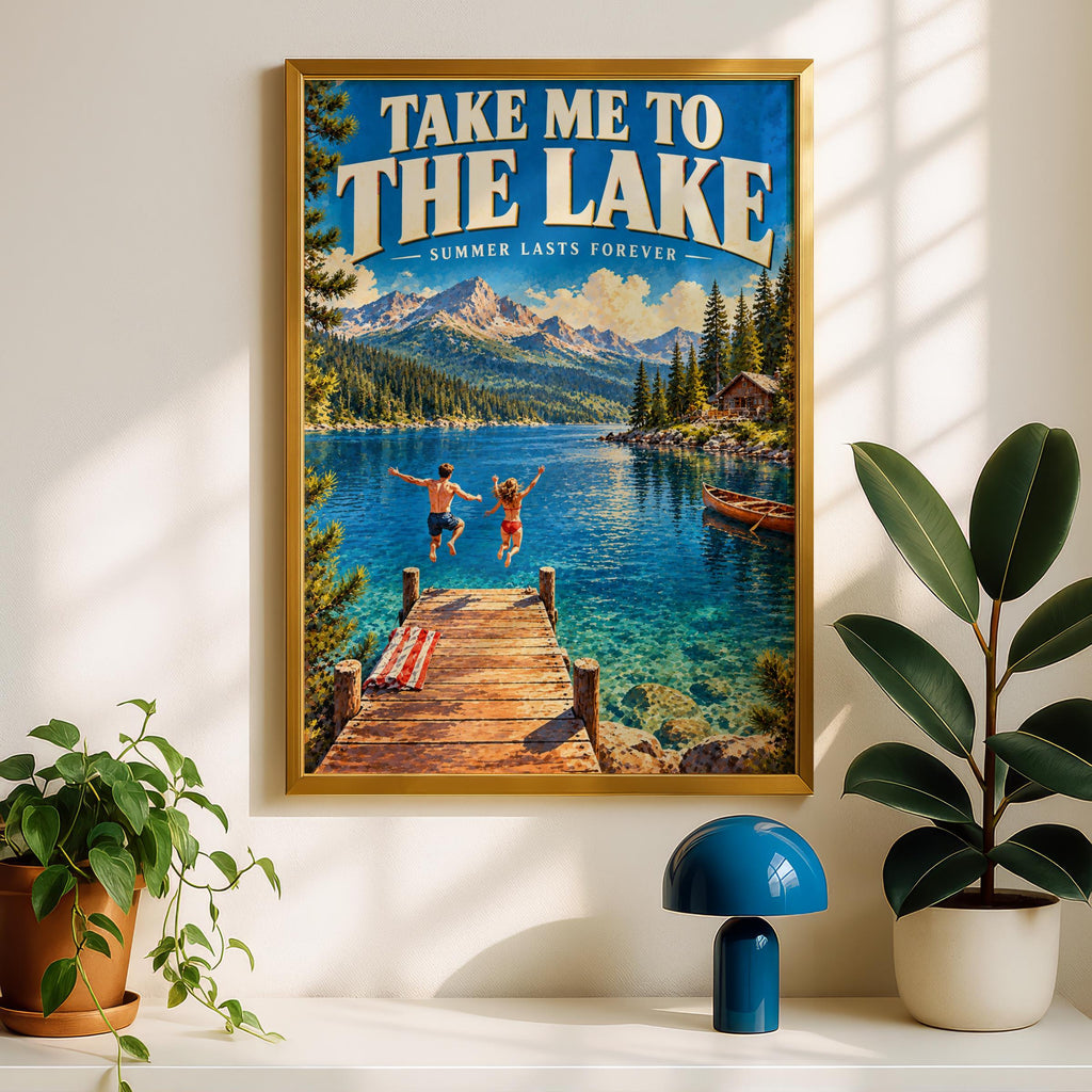 Vintage Lake House Travel Poster, Retro Summer Cabin Art, Mountain Lake Print