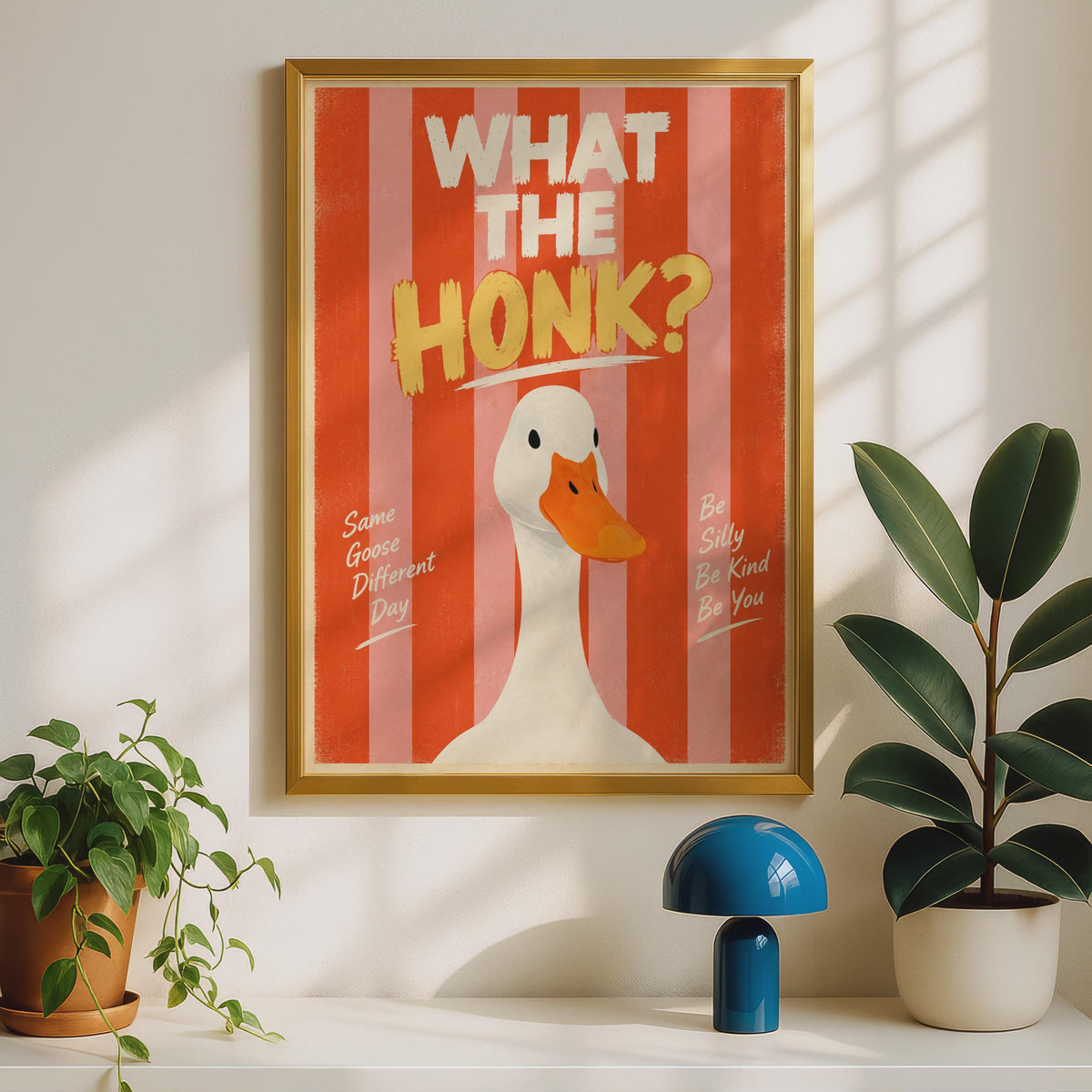Funny Goose Poster, Retro Striped Wall Art, Be Silly Be Kind Quote Print