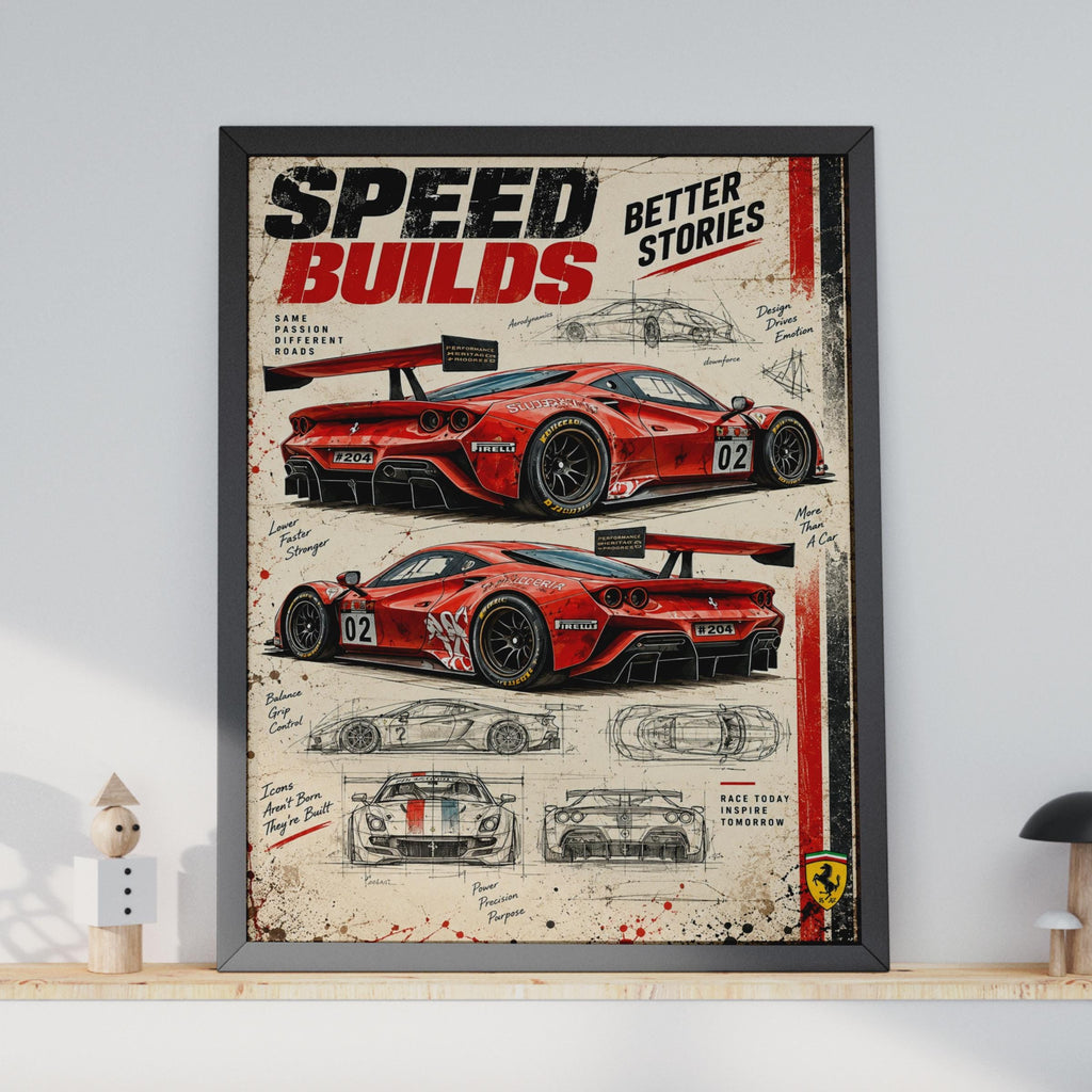Vintage Red Supercar Blueprint Poster, Motorsport Racing Car Art (A4)