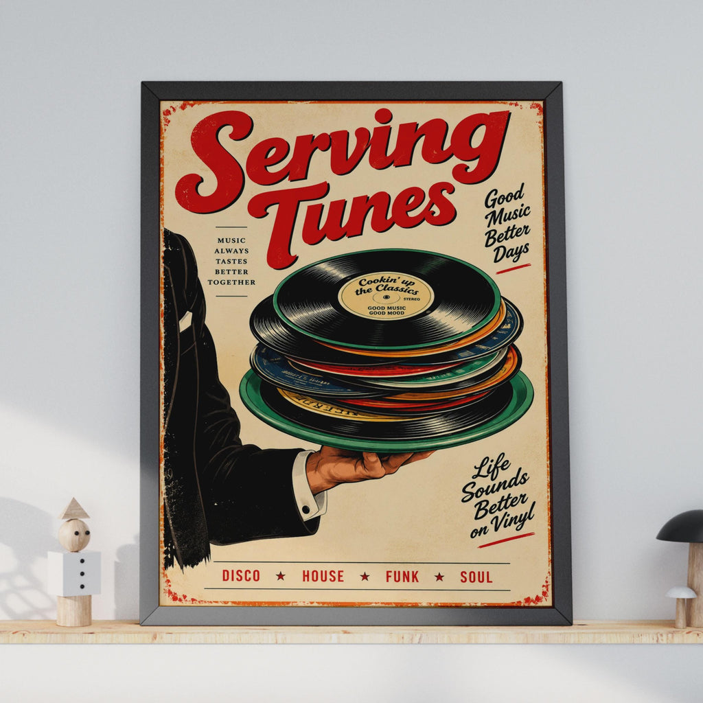 Serving Tunes Vinyl Record Poster, Retro Music Lover Wall Art (A4)