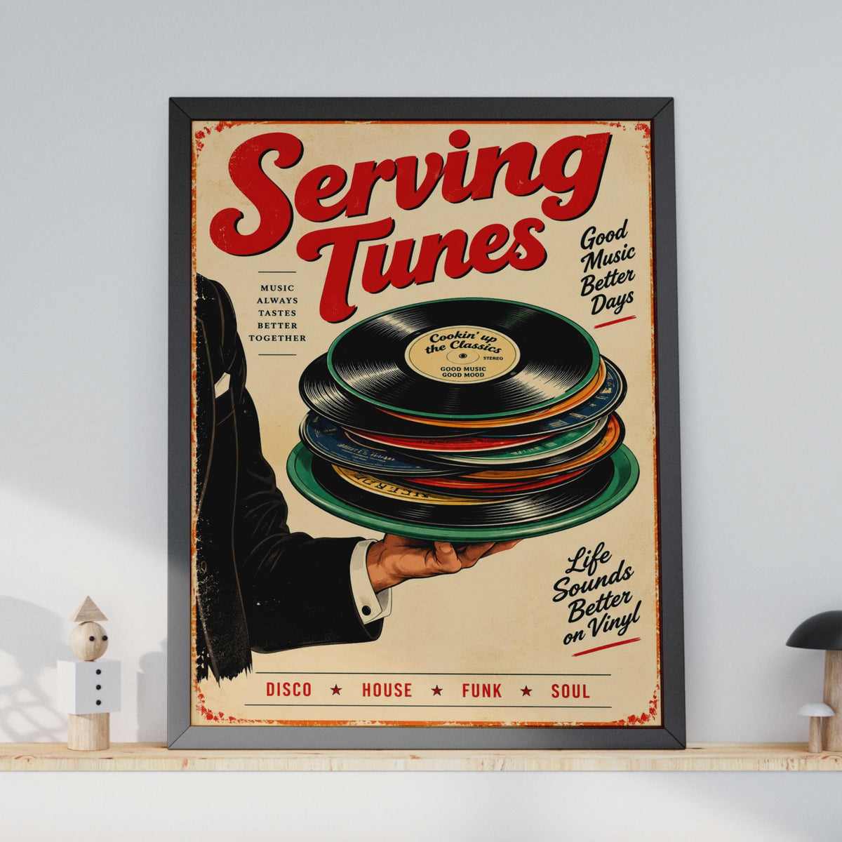 Serving Tunes Vinyl Record Poster, Retro Music Lover Wall Art (A4)