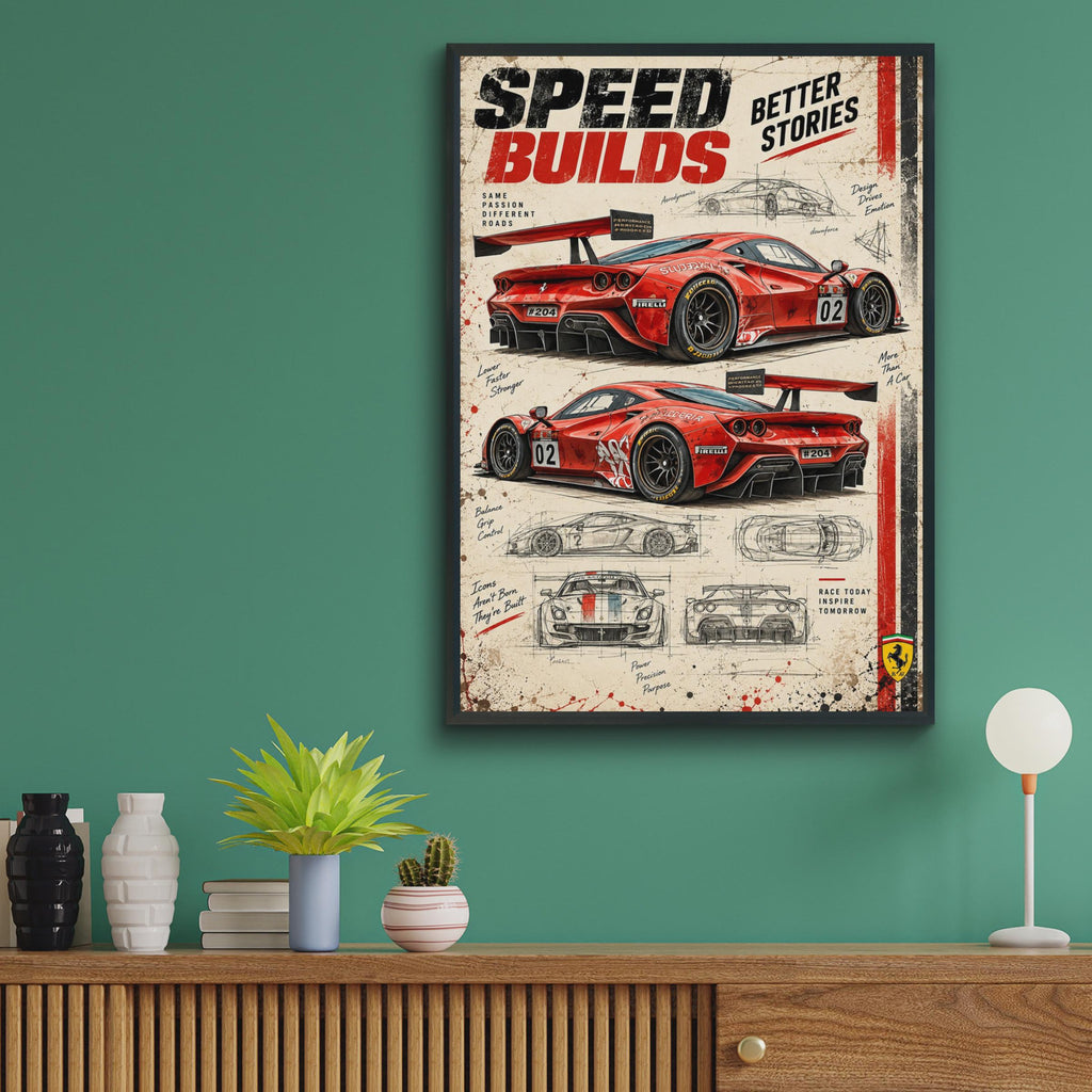Vintage Red Supercar Blueprint Poster, Motorsport Racing Car Art (A4)