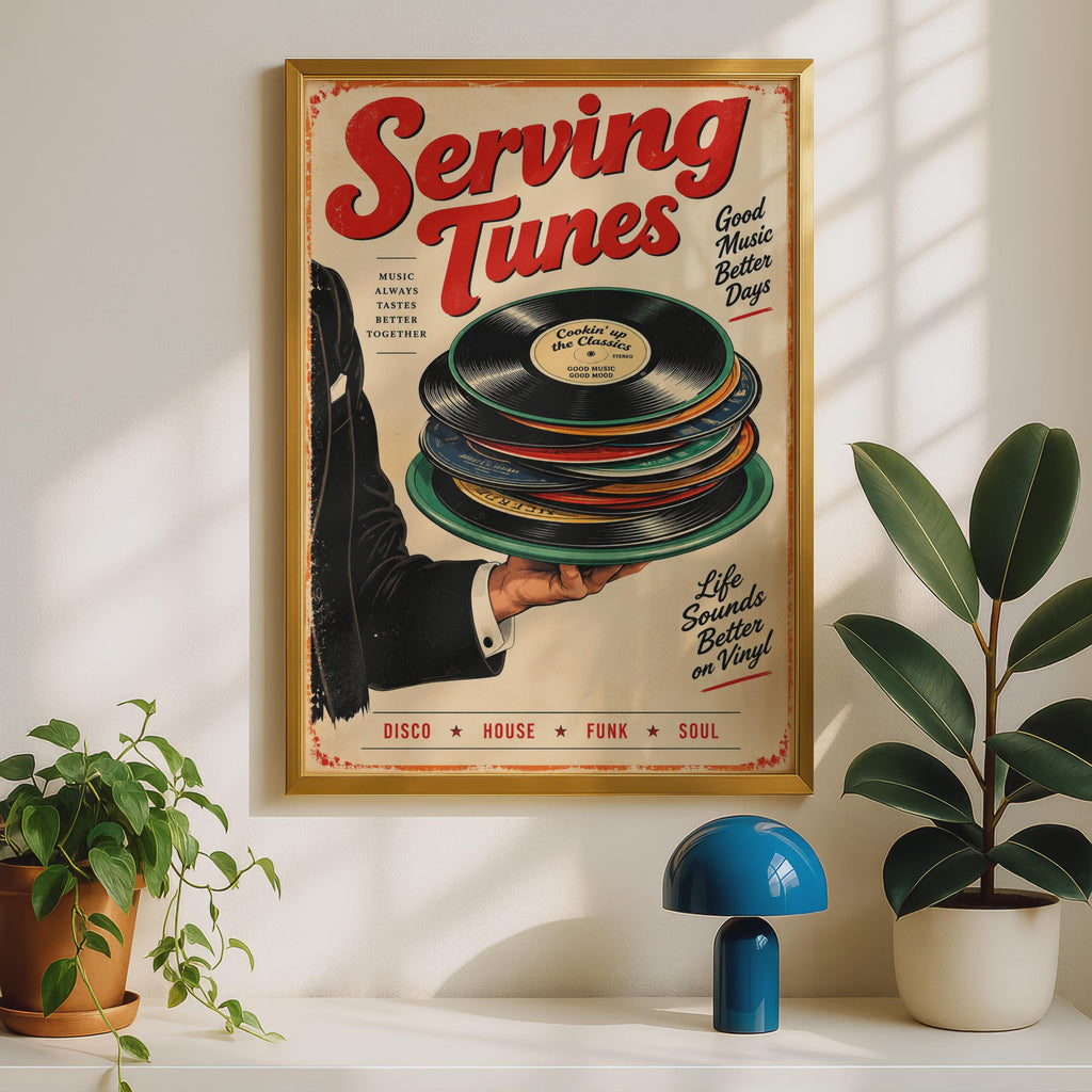 Serving Tunes Vinyl Record Poster, Retro Music Lover Wall Art (A4)