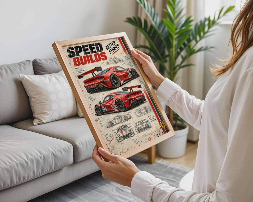 Vintage Red Supercar Blueprint Poster, Motorsport Racing Car Art (A4)