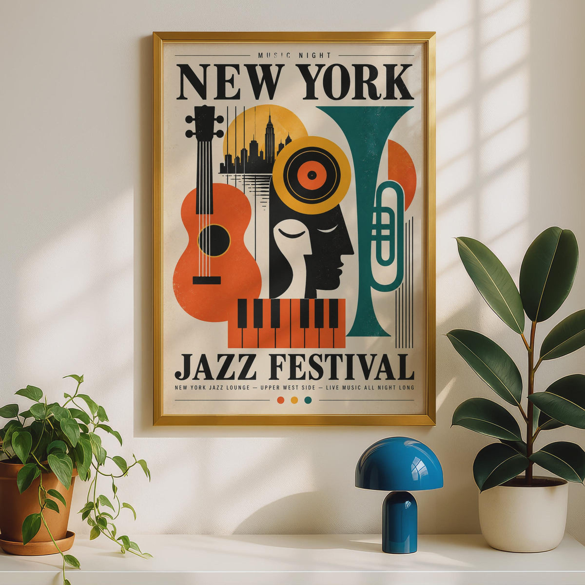 New York Jazz Festival Poster, Retro Music Wall Art, NYC Skyline Print (Mid-Century Style)