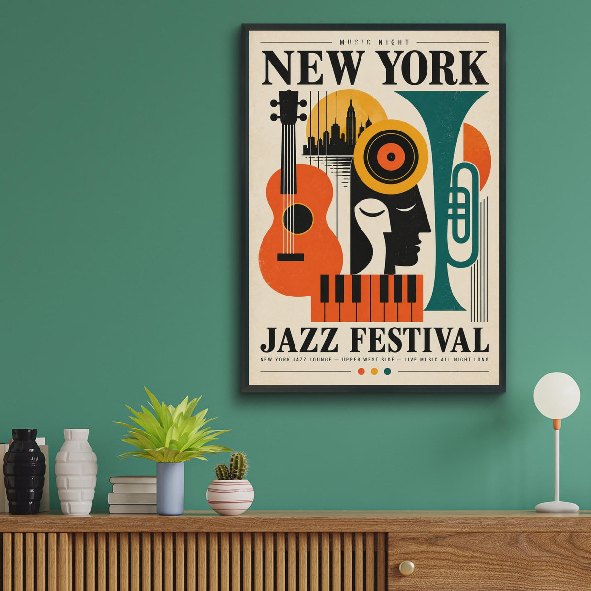 New York Jazz Festival Poster, Retro Music Wall Art, NYC Skyline Print (Mid-Century Style)