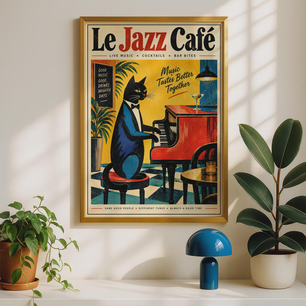 Le Jazz Cafe Black Cat Piano Poster, Retro Music Wall Art Print (A4)