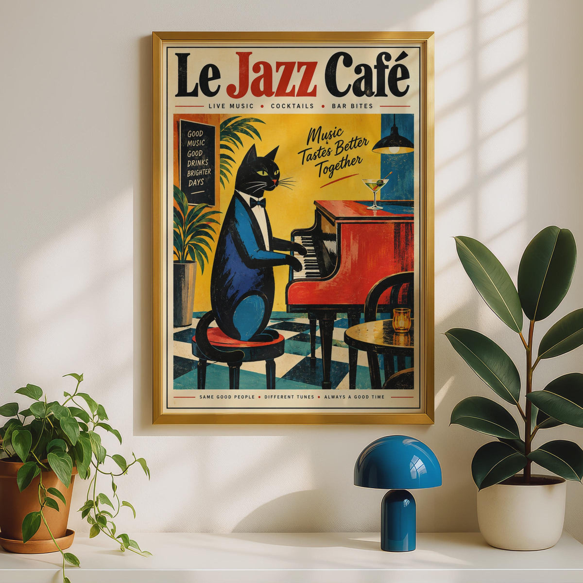 Le Jazz Cafe Black Cat Piano Poster, Retro Music Wall Art Print (A4)