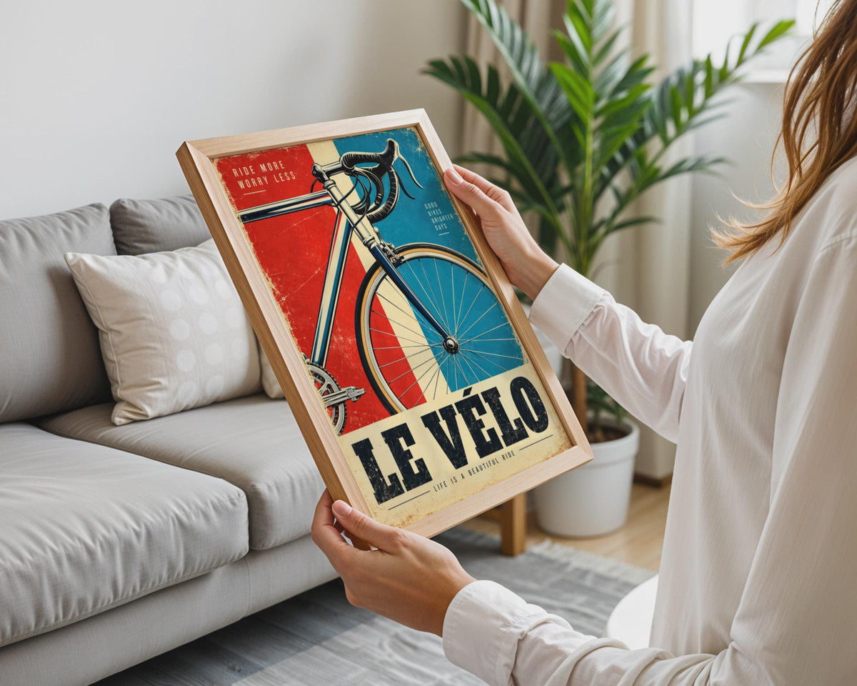 Le Velo Vintage Cycling Poster, Retro French Road Bike Art, Tricolor Decor