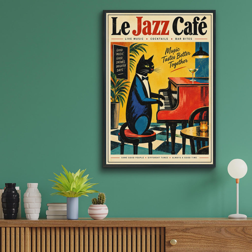 Le Jazz Cafe Black Cat Piano Poster, Retro Music Wall Art Print (A4)