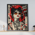Japanese Street Art Poster, Tattooed Woman, Cherry Blossom, Red Sun, Grunge Wall Art