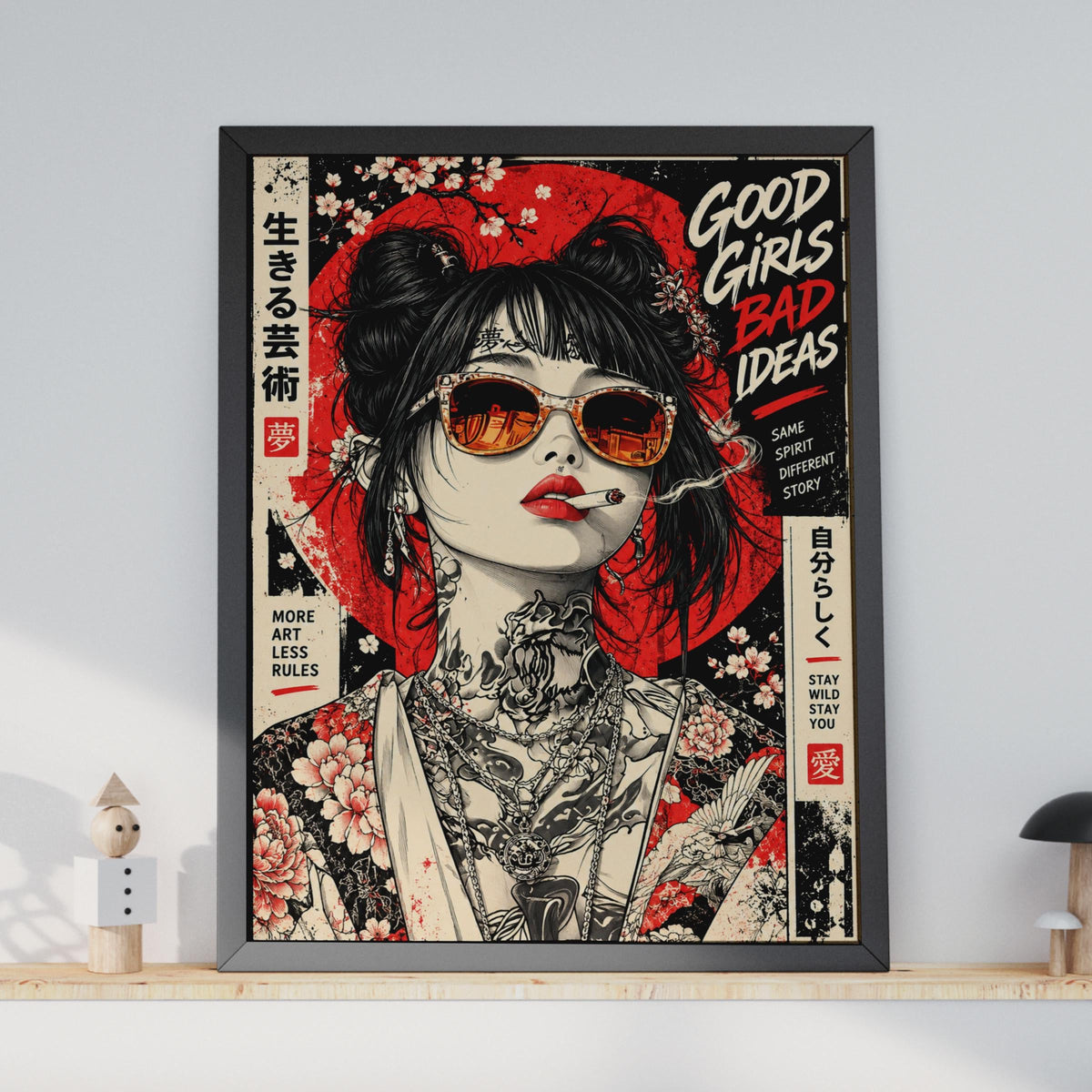 Japanese Street Art Poster, Tattooed Woman, Cherry Blossom, Red Sun, Grunge Wall Art