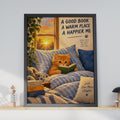 Ginger Kitten Reading Book Poster, Hygge Home Decor, Book Lover Gift